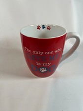Listing image for DEI 24 oz Red Ceramic Mug, "The only one who gets me is my dog", paw prints