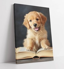 Listing image for GOLDEN RETRIEVER PUPPY READING BOOK FRAMED CANVAS WALL ART PICTURE PRINT