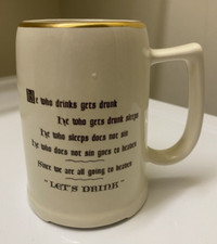 Listing image for "Let's Drink" He Who Drinks Gets Drunk Stein Mug Vintage Gold Trim