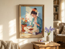 Listing image for Reading Girl Wall Art Painting Print - Coffee Book Boho - Bedroom Wall Art Decor