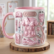 Listing image for Custom Vaccine Nurse Mug Faux 3D Pink Crystal Syringe Medical RN Gift Cup