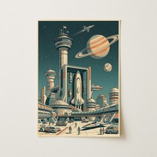 Listing image for Futuristic Spaceport Scene With Vehicles Wall Art Print